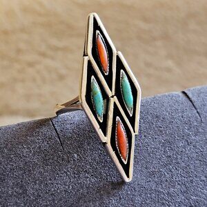 Vintage Zuni Petit Point Turquoise & Coral Sterling Silver Shadowbox Ring
